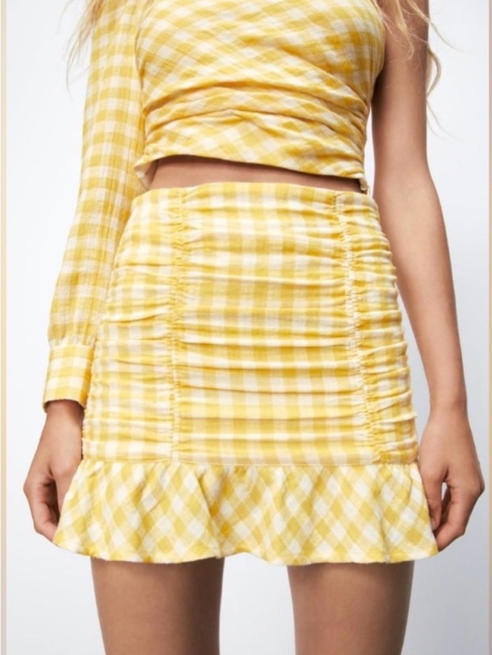 Zara Yellow Gingham Ruched Mini Skirt NWT Cottagecore